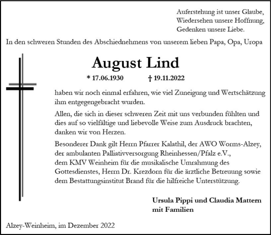 Traueranzeige von August Lind von vrm-trauer Allgemeine Zeitung Alzey