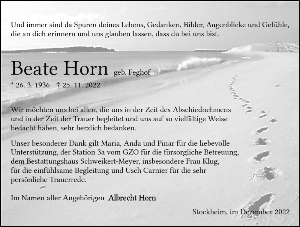  Traueranzeige für Beate Horn vom 28.12.2022 aus vrm-trauer Odenwälder Echo