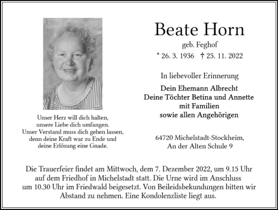 Traueranzeige von Beate Horn von vrm-trauer Odenwälder Echo
