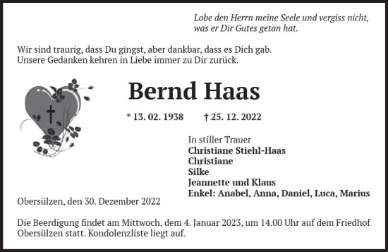 Traueranzeige von Bernd Haas von vrm-trauer Wormser Zeitung