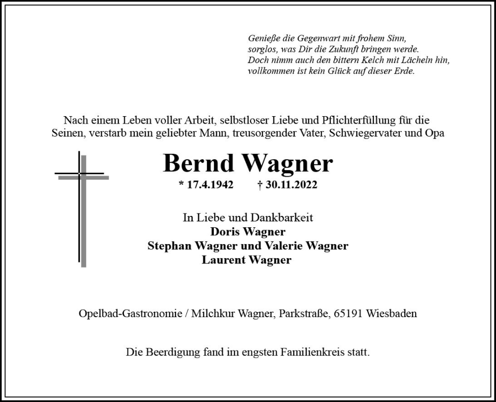  Traueranzeige für Bernd Wagner vom 17.12.2022 aus vrm-trauer Wiesbadener Kurier