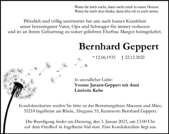 Traueranzeige von Bernhard Geppert von vrm-trauer Allgemeine  Zeitung Ingelheim-Bingen
