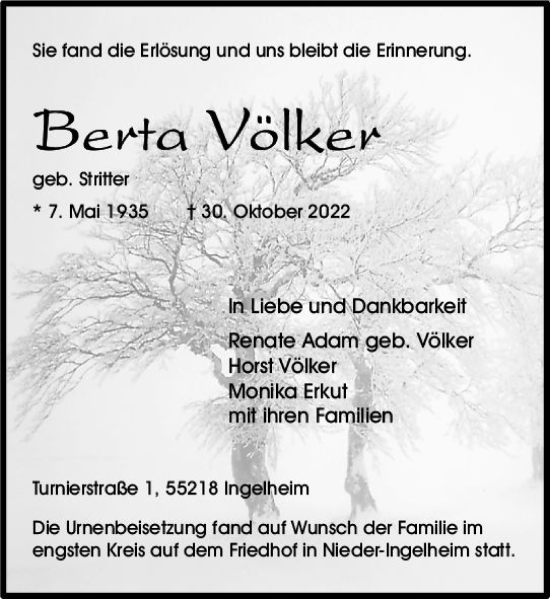 Traueranzeige von Berta Völker von vrm-trauer Allgemeine  Zeitung Ingelheim-Bingen