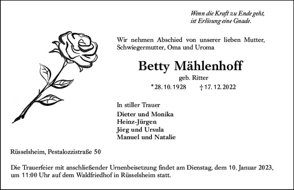  Traueranzeige für Betty Mählenhoff vom 24.12.2022 aus vrm-trauer Rüsselsheimer Echo / MainSpitze