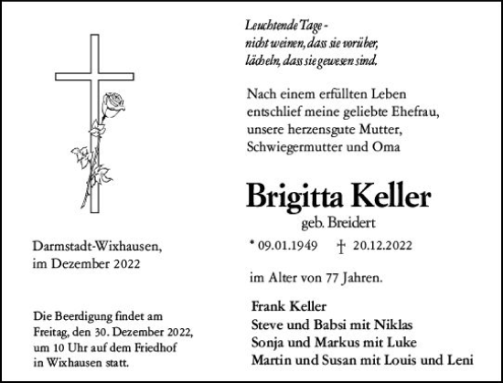 Traueranzeige von Brigitta Keller von vrm-trauer Darmstädter Echo