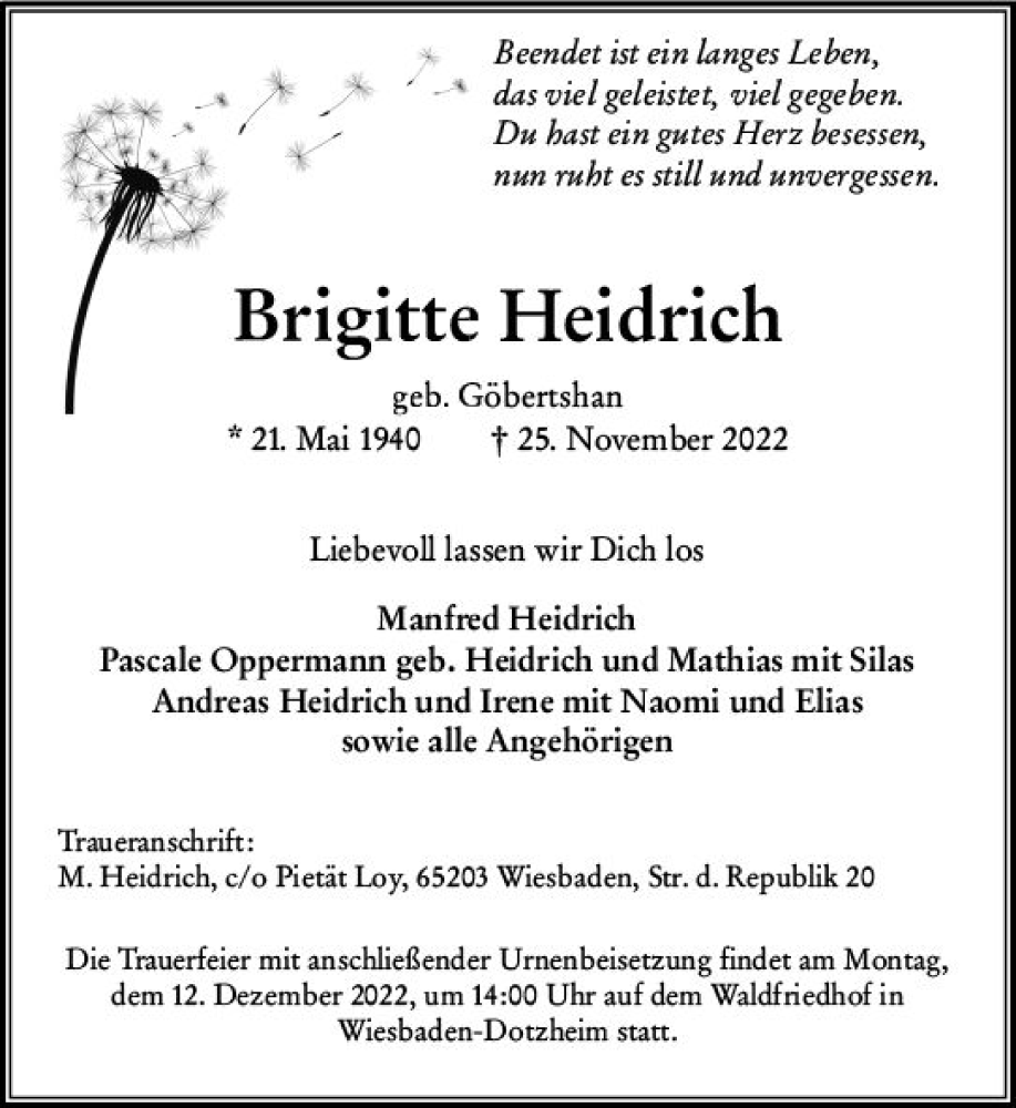  Traueranzeige für Brigitte Heidrich vom 03.12.2022 aus vrm-trauer Wiesbadener Kurier