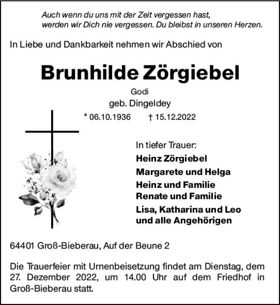  Traueranzeige für Brunhilde Zörgiebel vom 24.12.2022 aus vrm-trauer Darmstädter Echo