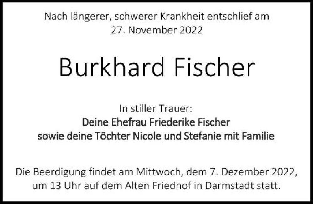  Traueranzeige für Burkhard Fischer vom 03.12.2022 aus vrm-trauer Darmstädter Echo
