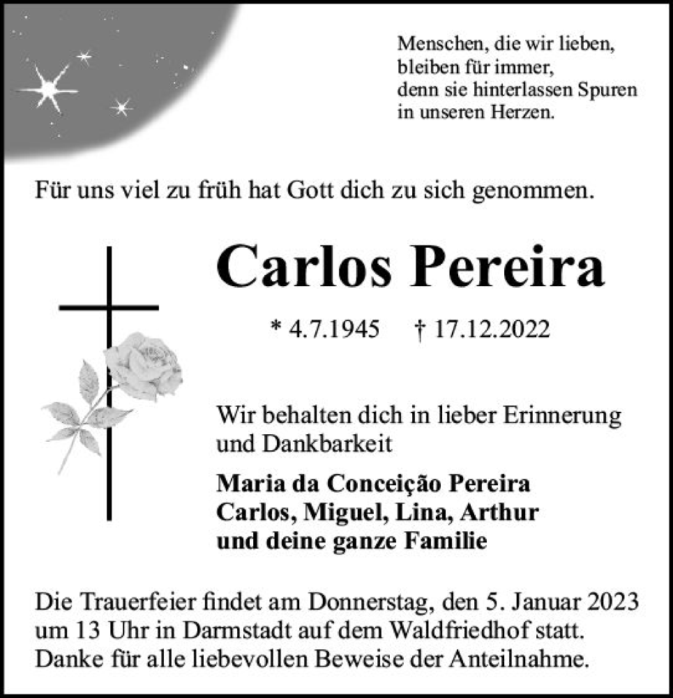  Traueranzeige für Carlos Pereira vom 31.12.2022 aus vrm-trauer Darmstädter Echo