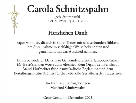 Traueranzeige von Carola Schnitzspahn von vrm-trauer Groß-Gerauer Echo