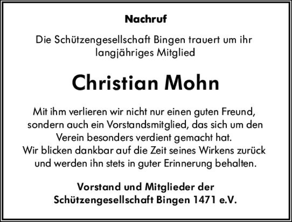  Traueranzeige für Christian Mohn vom 24.12.2022 aus vrm-trauer Neue Binger Zeitung