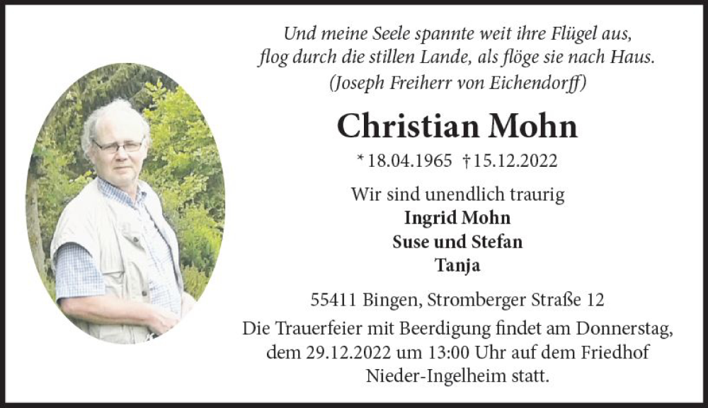  Traueranzeige für Christian Mohn vom 24.12.2022 aus vrm-trauer Allgemeine  Zeitung Ingelheim-Bingen