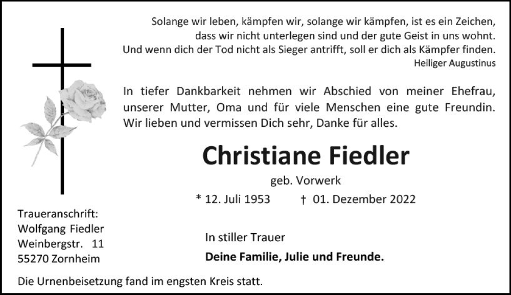  Traueranzeige für Christiane Fiedler vom 17.12.2022 aus vrm-trauer AZ Mainz