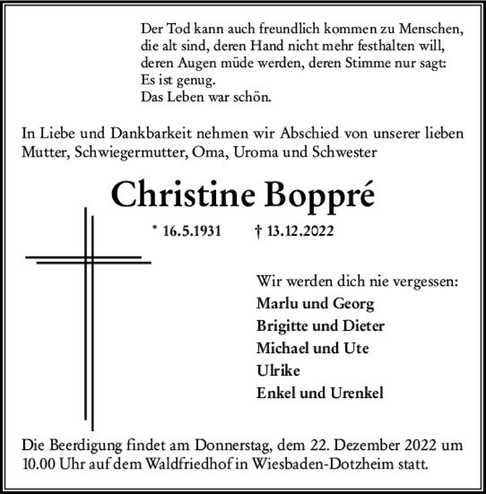  Traueranzeige für Christine Boppre vom 17.12.2022 aus vrm-trauer Wiesbadener Kurier