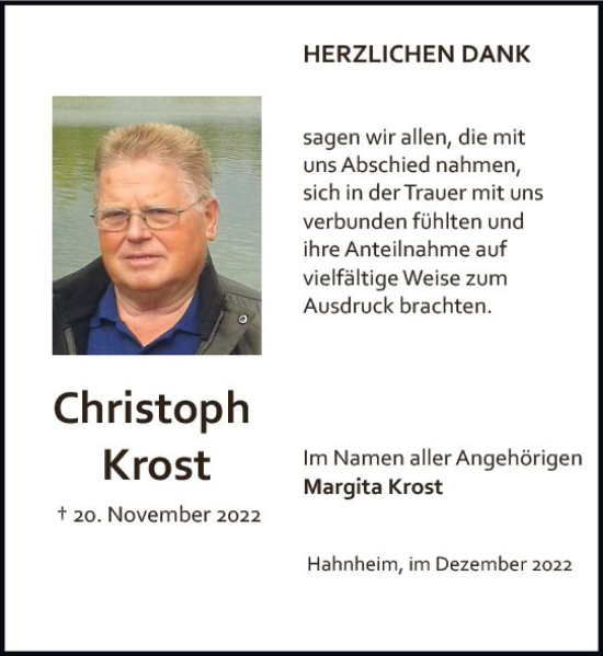 Traueranzeige von Christoph Krost von vrm-trauer AZ Mainz