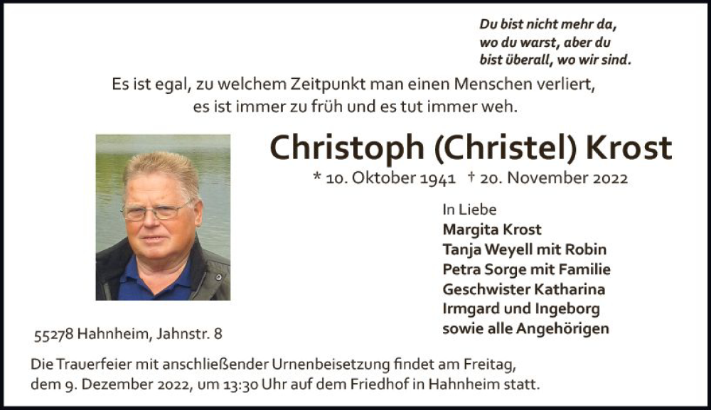  Traueranzeige für Christoph Krost vom 03.12.2022 aus vrm-trauer AZ Mainz