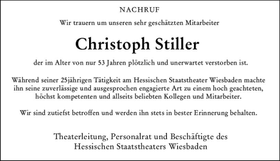 Traueranzeige von Christoph Stiller von vrm-trauer Wiesbadener Kurier
