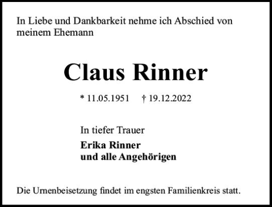 Traueranzeige von Claus Rinner von vrm-trauer Darmstädter Echo