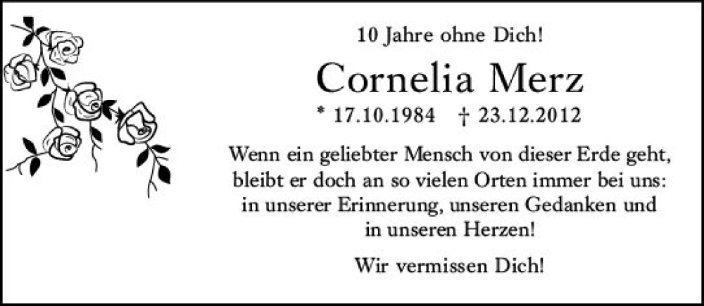  Traueranzeige für Cornelia Merz vom 24.12.2022 aus vrm-trauer Wiesbadener Kurier