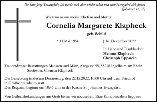 Traueranzeige von Cornelia Margarete Klapheck von vrm-trauer Allgemeine  Zeitung Ingelheim-Bingen