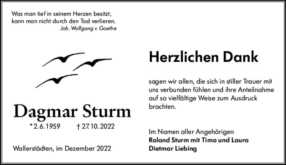  Traueranzeige für Dagmar Sturm vom 17.12.2022 aus vrm-trauer Groß-Gerauer Echo