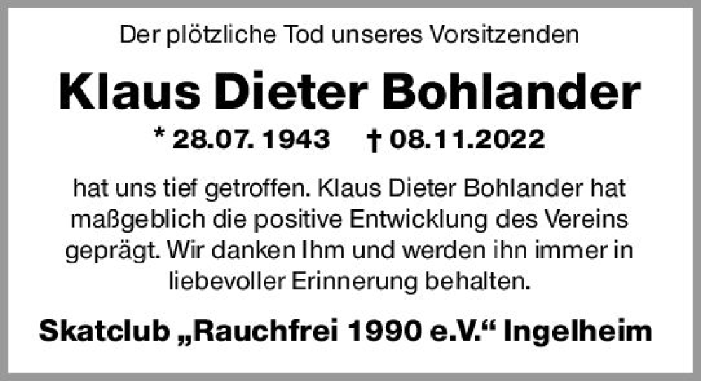  Traueranzeige für Dieter Bohlander vom 03.12.2022 aus vrm-trauer Allgemeine  Zeitung Ingelheim-Bingen