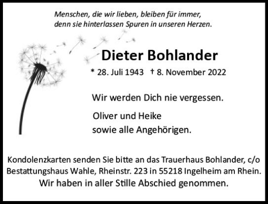 Traueranzeige von Dieter Bohlander von vrm-trauer Allgemeine  Zeitung Ingelheim-Bingen
