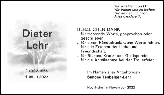 Traueranzeige von Dieter Lehr von vrm-trauer Hochheimer Zeitung