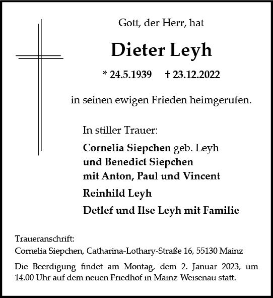  Traueranzeige für Dieter Leyh vom 31.12.2022 aus vrm-trauer AZ Mainz