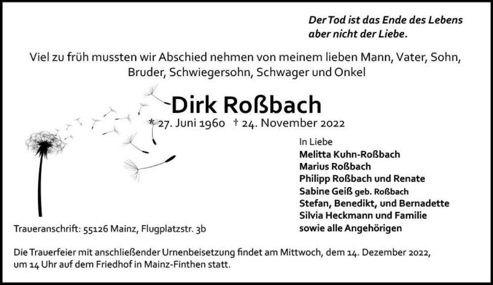  Traueranzeige für Dirk Roßbach vom 10.12.2022 aus vrm-trauer AZ Mainz