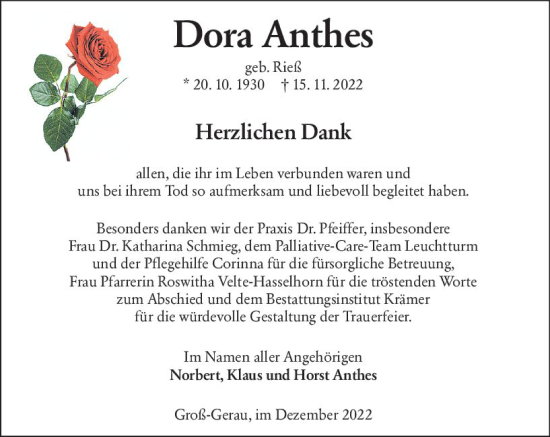 Traueranzeige von Dora Anthes von vrm-trauer Groß-Gerauer Echo