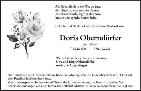 Traueranzeige von Doris Oberndörfer von vrm-trauer Darmstädter Echo