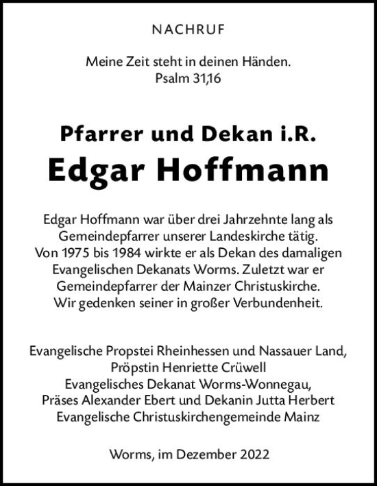 Traueranzeige von Edgar Hoffmann von vrm-trauer Wormser Zeitung