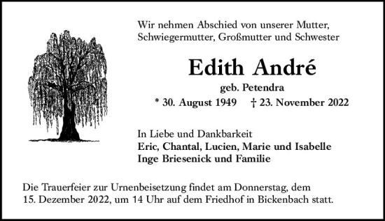 Traueranzeige von Edith André von vrm-trauer Darmstädter Echo