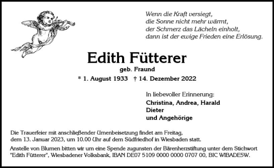 Traueranzeige von Edith Fütterer von vrm-trauer Wiesbadener Kurier