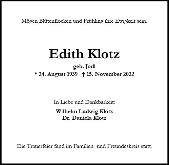 Traueranzeige von Edith Klotz von vrm-trauer Wiesbadener Kurier