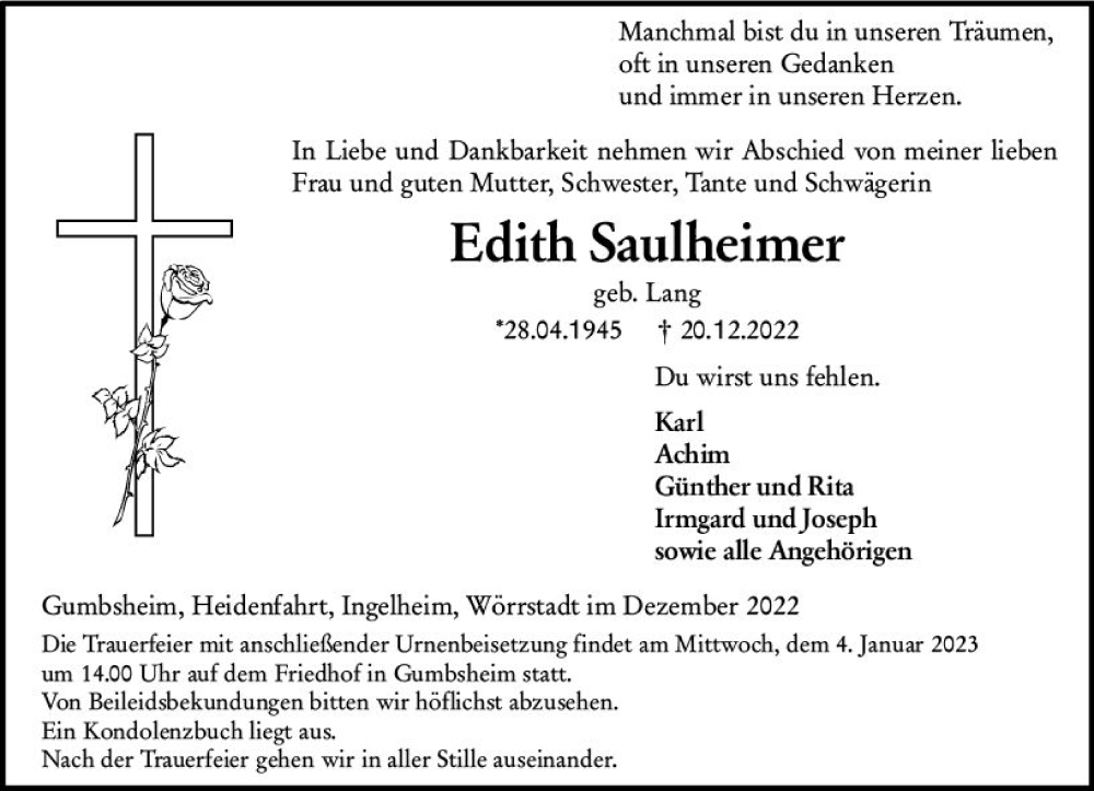  Traueranzeige für Edith Saulheimer vom 31.12.2022 aus vrm-trauer Allgemeine  Zeitung Ingelheim-Bingen