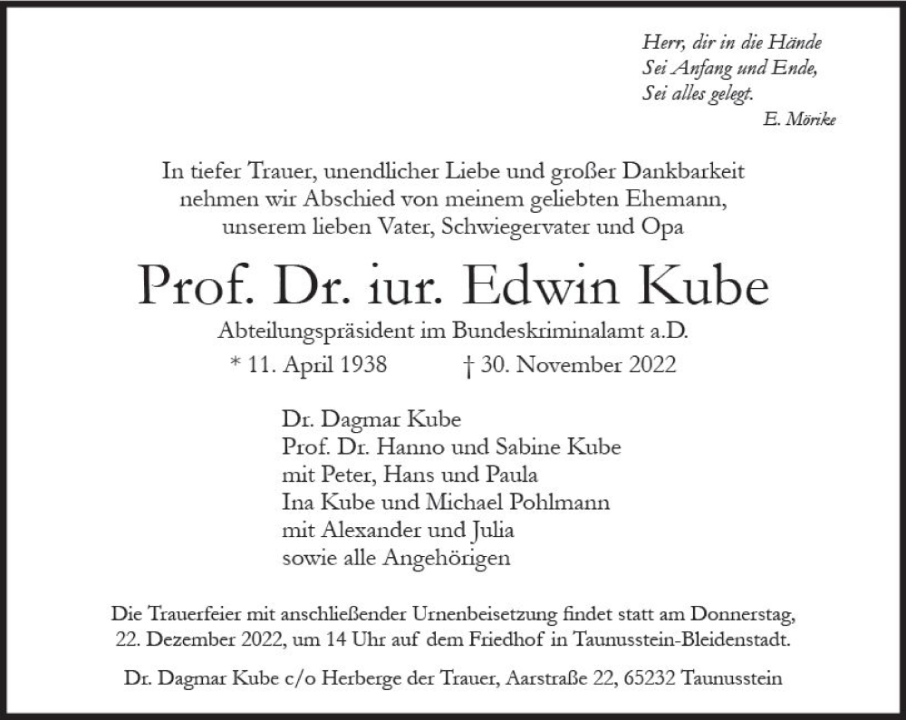 Traueranzeige für Edwin Kube vom 10.12.2022 aus vrm-trauer Wiesbadener Kurier