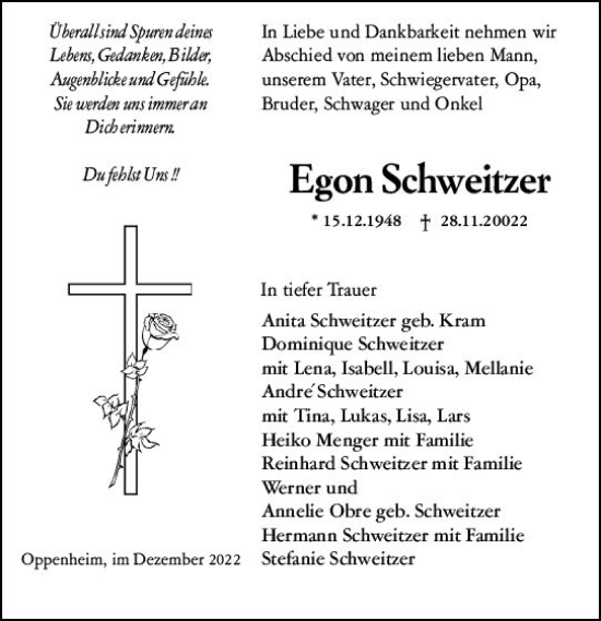 Traueranzeige von Egon Schweitzer von vrm-trauer AZ Mainz