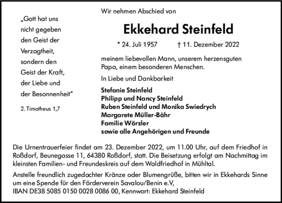 Traueranzeige von Ekkehard Steinfeld von vrm-trauer Darmstädter Echo