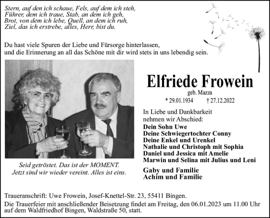 Traueranzeige von Elfriede Frowein von vrm-trauer Allgemeine  Zeitung Ingelheim-Bingen