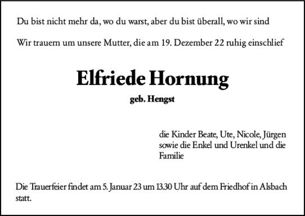  Traueranzeige für Elfriede Hornung vom 27.12.2022 aus vrm-trauer Darmstädter Echo