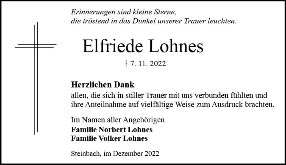  Traueranzeige für Elfriede Lohnes vom 24.12.2022 aus vrm-trauer Odenwälder Echo