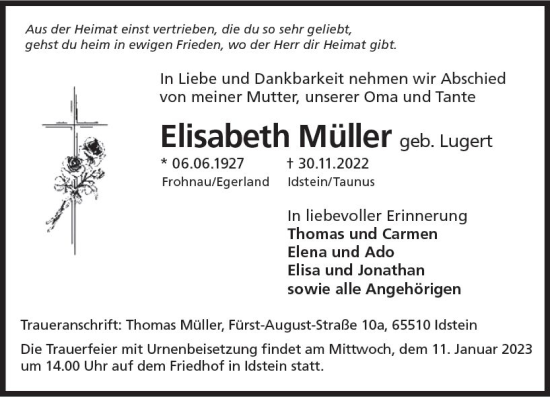 Traueranzeige von Elisabeth Müller von vrm-trauer Idsteiner Zeitung