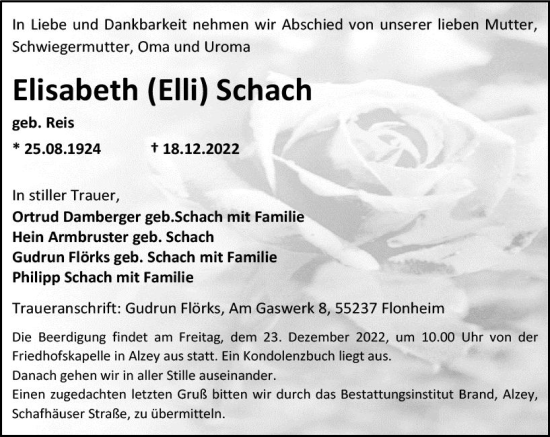 Traueranzeige von Elisabeth Schach von vrm-trauer Allgemeine Zeitung Alzey