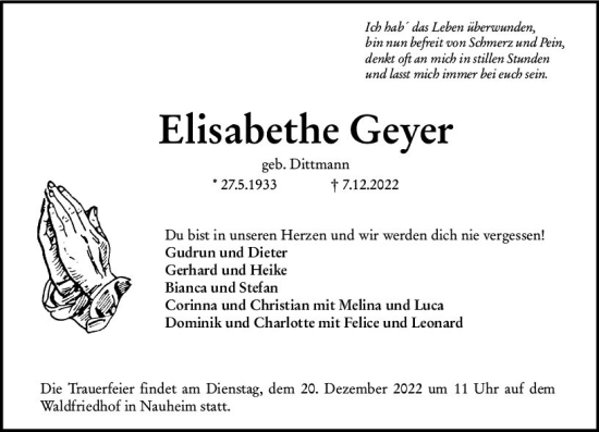 Traueranzeige von Elisabethe Geyer von vrm-trauer Groß-Gerauer Echo