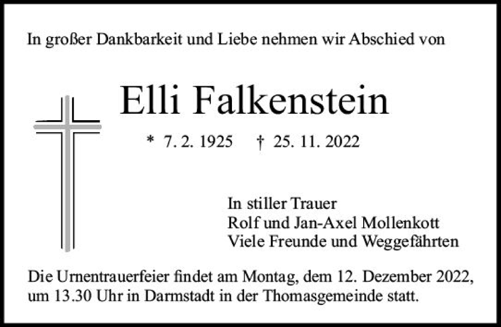  Traueranzeige für Elli Falkenstein vom 03.12.2022 aus vrm-trauer Darmstädter Echo