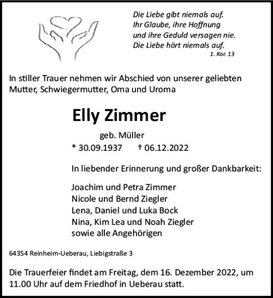 Traueranzeige von Elly Zimmer von vrm-trauer Darmstädter Echo
