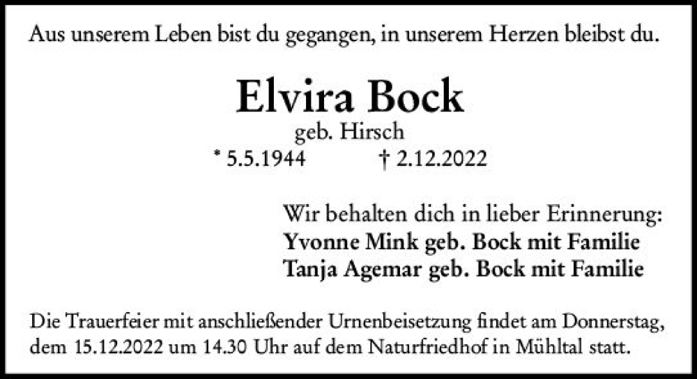  Traueranzeige für Elvira Bock vom 10.12.2022 aus vrm-trauer Darmstädter Echo