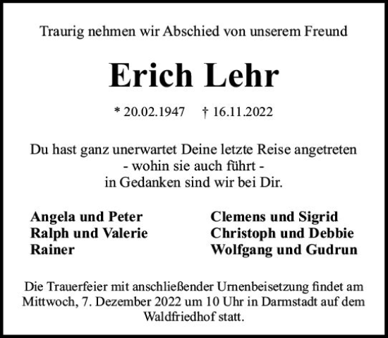 Traueranzeige von Erich Lehr von vrm-trauer Darmstädter Echo